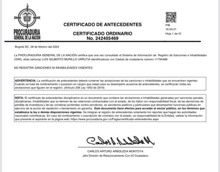 #PrimeroLaFM  | Tras señalamientos que hizo el destituido secretario José Antonio Salazar contra el canciller (e) Luis Gilberto Murillo, sobre la condena que tuvo en el pasado por peculado, el alto funcionario presentó un certificado de antecedentes de la Procuraduría, en donde…