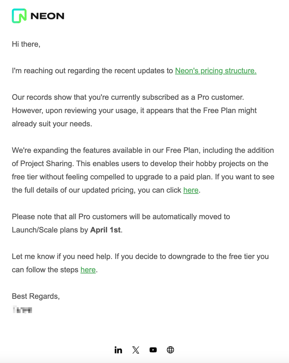 So great to get a customer-centric email from <a href="/neondatabase/">Neon Postgres</a> about stuff like this. Really feels like they care about my financial future more than my accountant 💕
