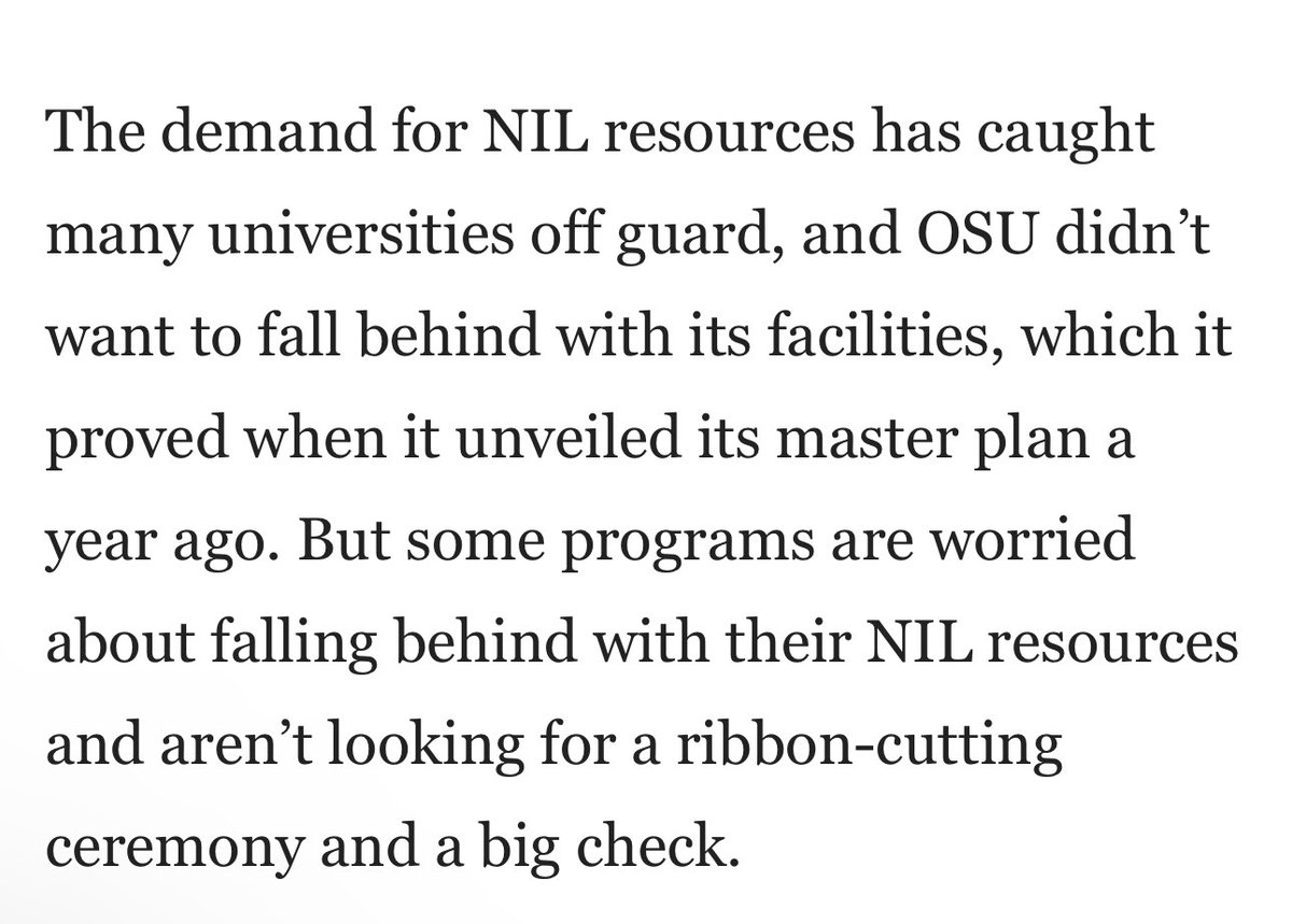 An interesting article about how most college coaches would prefer #NIL funding for athlete compensation, over funding for facilities. Nice facilities don’t matter if they’re not filled with talented athletes. And athletes prefer comp over facilities. ocolly.com/big12sports/ex…