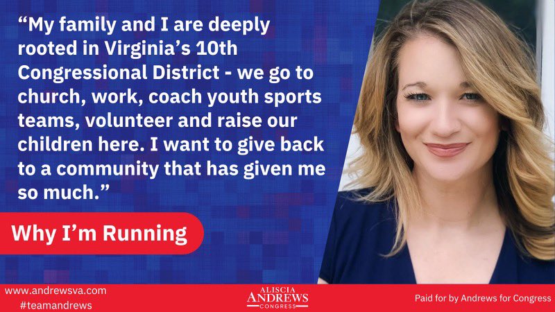 Virginia's 10th Congressional district is not just a place, it's my home. I am running for Congress to give back to the community I cherish deeply. 

#VA10 #vapol #teamandrews #whyimrunningwednesdays