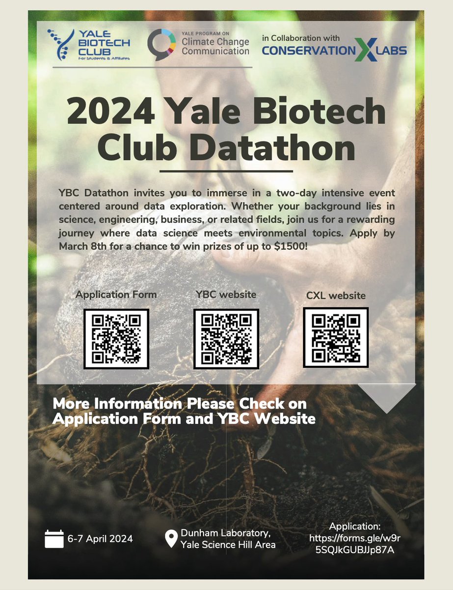 The Yale Biotech Club is thrilled to announce the 2024 Yale Biotech Club Datathon, a dynamic and intensive event dedicated to the exploration of environmental data! Apply by scanning the QR code above. For more information and updates, stay tuned to our website and social media!