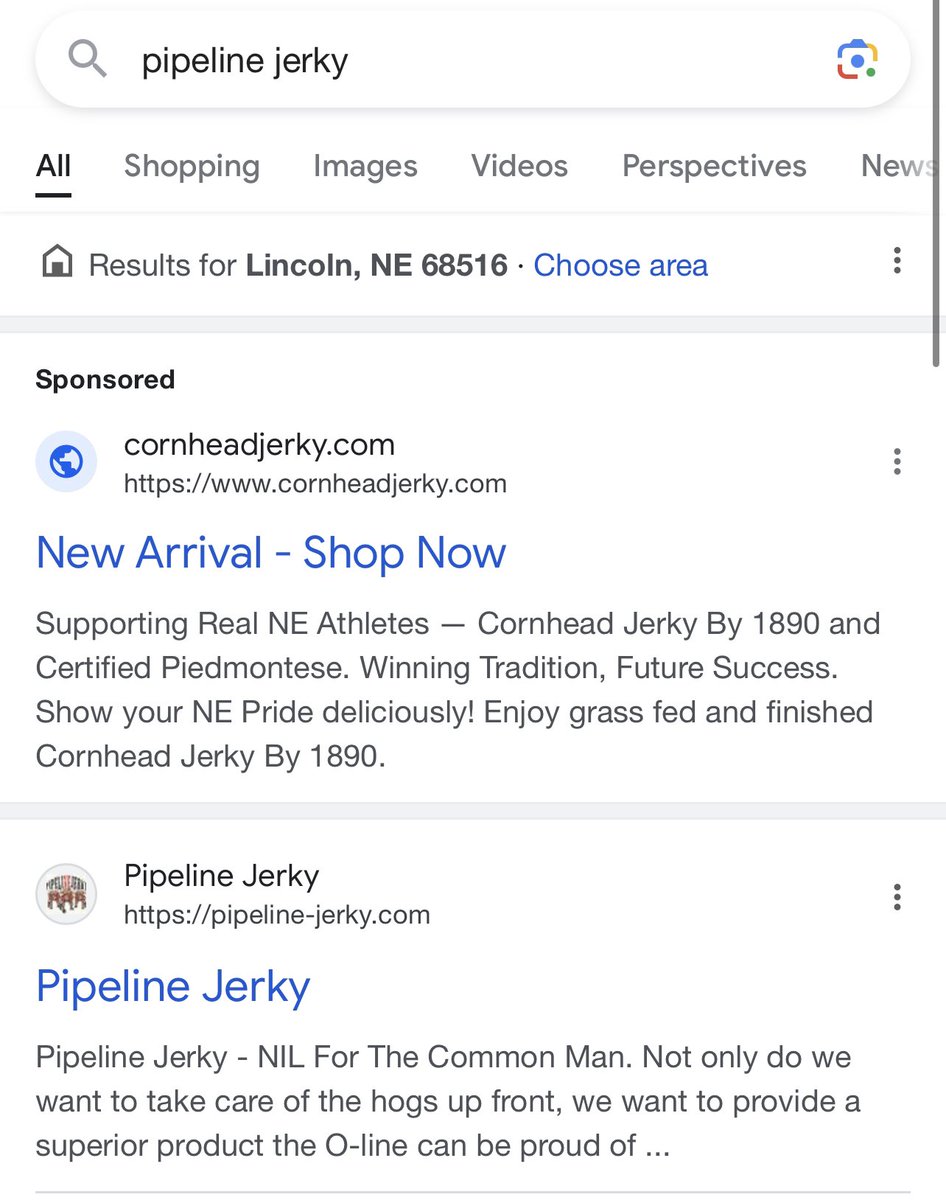 SethMorrisJD's tweet photo. @FeitCanWrite @1890Initiative @PipelineJerky Interesting - when I googled “pipeline jerky”, a sponsored ad from the 1890 initiative popped up.  🤔 https://t.co/BC4Y3f6WBL