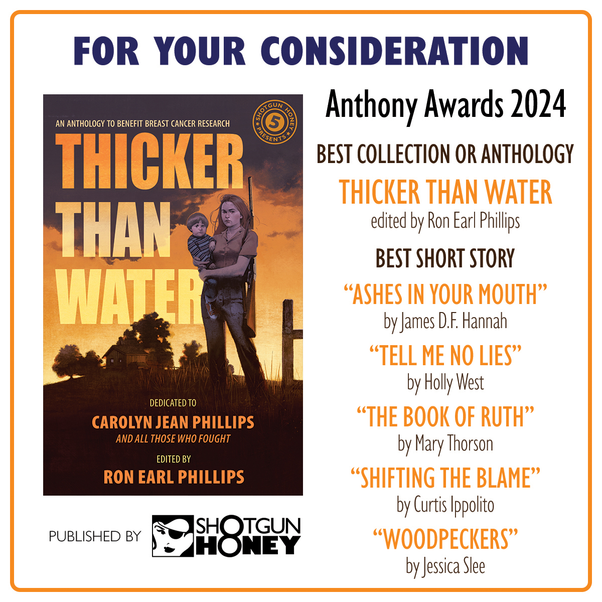 For you consideration for 2024 Anthony Award for Best Anthology and Collection and Best Short Story. Thicker Than Water edited by Ron Earl Phillips.