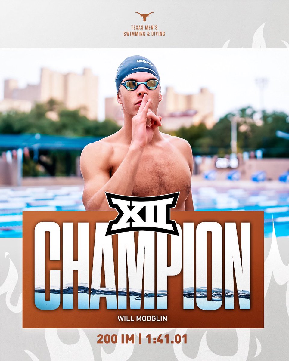 Will Modglin is your 2024 Big 12 Champion in the 200 IM! 🥇🤘 The freshman swims 1:41.01 to win his first individual Big 12 crown! 🏆 #HookEm