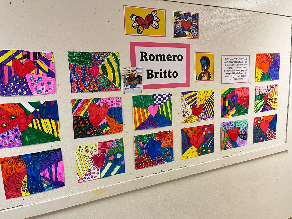 KervinAmy's tweet photo. During our artist study of #RomeroBritto, Ss learned about his life and art before exploring the #elementsofart line, colour + shape while creating Britto-inspired heart #art. @Glenburnie_ldsb @LimestoneDSB https://t.co/xfJQMHmOvK