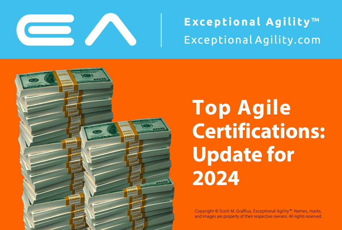ScottGraffius's tweet image. Top Agile Certifications: Update for 2024 ⏐ From ExceptionalAgility.com ⏐ “There&apos;s no substitute for experience. However, certifications can be a valuable tool for propelling one&apos;s career.” ⏐ exceptionalagility.com/blog/files/top… ⏐ #Agile #AgileCertifications #Agility #ExceptionalAgility