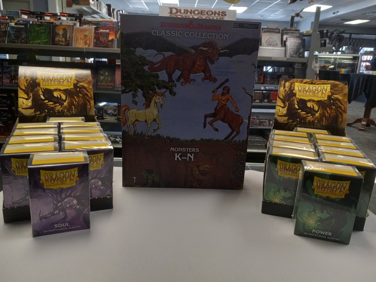 GameTimeIndy's tweet photo. Hey there Game Timers! We just got some of the new dragon shield dual matte colors, soul and power. And for you D&amp;D fans we got in the newest classic collection box set available this Friday 3/1.
we hope to everyone soon. https://t.co/nF344rNlg3