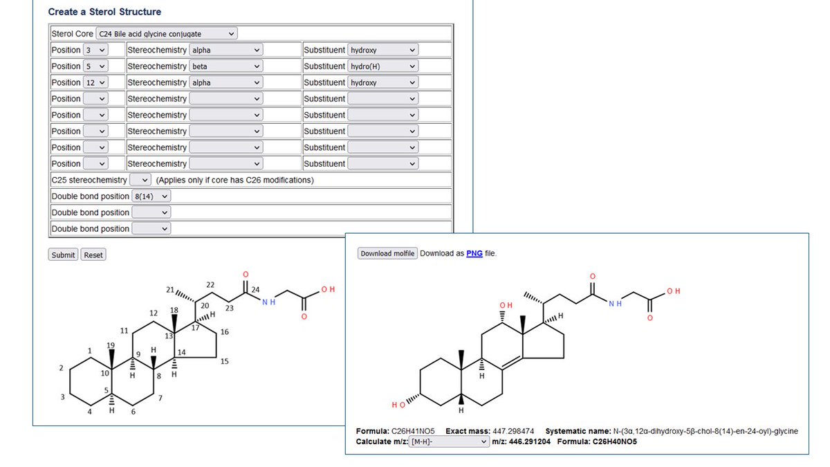 This new web-based sterol drawing tool (metabolomicsworkbench.org/tools/structur…) contains a selection of 45 different cores (including bile acid amidates for amino acids) and numerous functional group options. Retrieve structures, systematic name, formula, exact mass, m/z values for ion adducts.