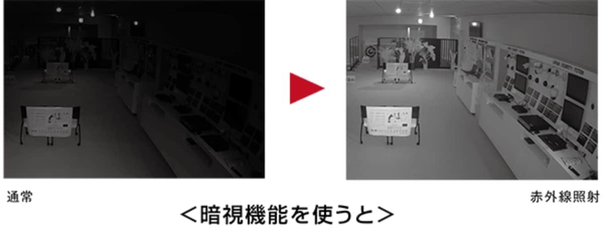 👼「赤外線暗視機能を使うと防犯カメラはどのくらい違って見えるの？」

🦸‍♂️「暗闇で撮影しても、こ～んなにきれいに映るよ✨暗闇でも監視をしなければいけない場所でも使われているんだ。カラーカメラでも、赤外線照射時の画像はこんな風に白黒になるよ！！」

🦸