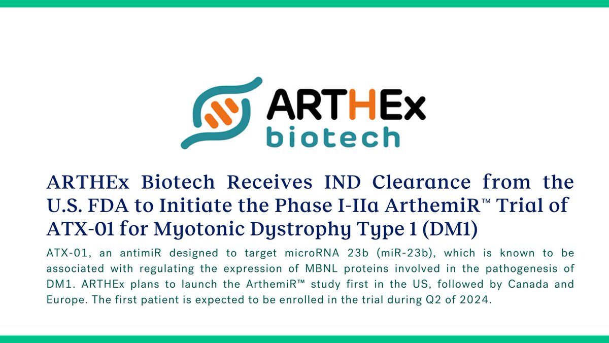 .@Arthexbiotech Receives IND Clearance from the US FDA to Initiate the Phase I-IIa ArthemiR™ Trial of ATX-01 for #MyotonicDystrophy Type 1. Read the full announcement at: arthexbiotech.com/post/arthex-bi…