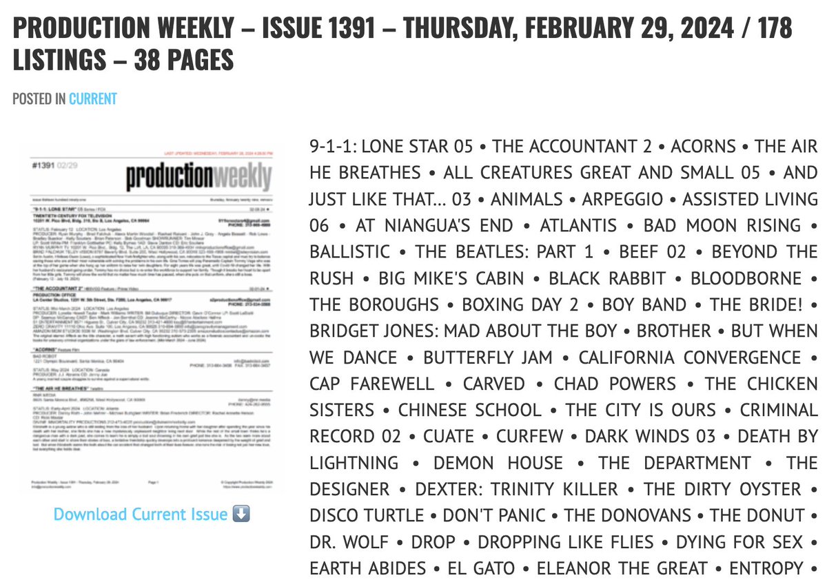 Production Weekly - Issue 1391 - Thursday, February 29, 2024 / 178 Listings - 38 Pages Download Current Issue ⬇️ productionweekly.com/production-wee…