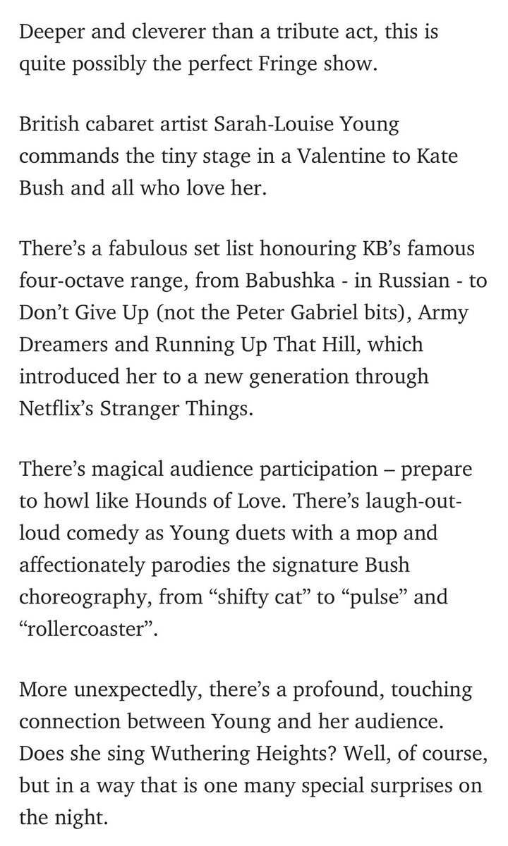 'Quite possibly the perfect Fringe show... a Valentine to Kate Bush'. Thank you @theTiser for this smashing ⭐️⭐️⭐️⭐️⭐️ review of An Evening Without Kate Bush at @TheGardenofUD @ADLfringe. Only 3 performances left!