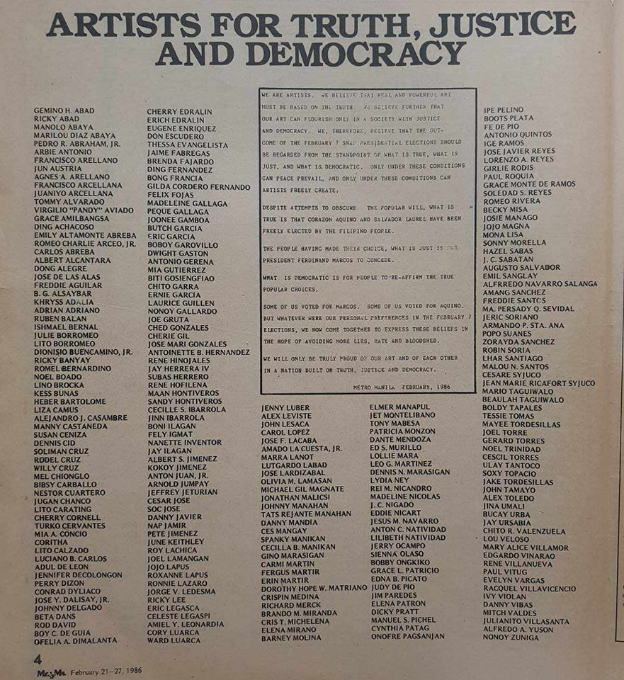 Sa pagtatapos ng Pambansang Buwan ng Sining, gunitain natin ang pagtindig ng mga artista ng bayan para sa kalayaan at demokrasya bago ang EDSA 1986! 

Ito ang isang manifesto ng mga artista upang suportahan ang oposisyon noong 1986 snap elections.

#EDSA38
#DefendHistoricalTruth