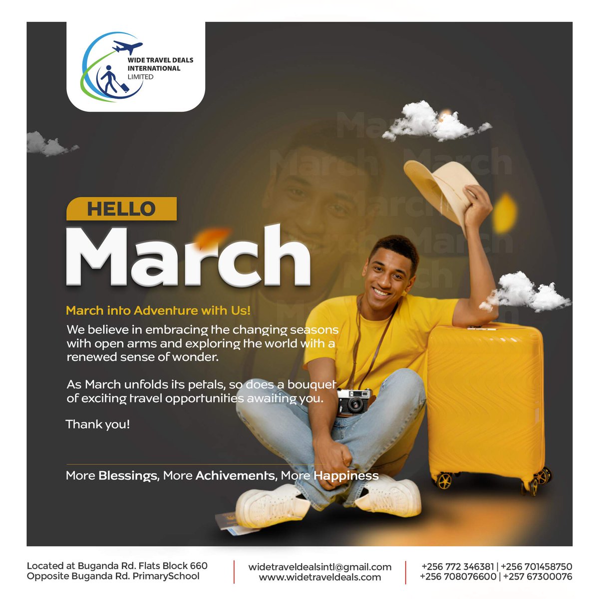 More Blessings.
More Happiness.

All Travel Services Available💛

#newmonth #Travel #ExploreUganda #Sheebah #LGBTQ  #Delete #Rickman #Yaka #PresidentMuseveni #UgandaParliamentExhibition #Canada #viralvideo