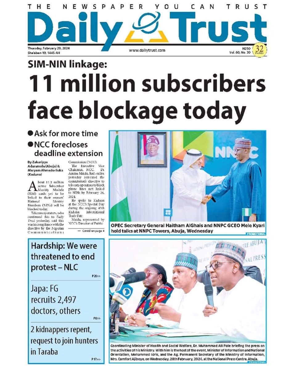 NewsHeadlineNG's tweet photo. A thread containing major newspaper front pages. 29th February, 2024.
Open thread π
....
Naira Binance AbokiFX $ICE MTN and GLO Soludo Trust Wallet Madueke Cuppy USDT #OPayNIN Hadi Sirika #OpayBVN Supreme Court Alabi Stanley Nwabali https://t.co/zRfLdqkUb6