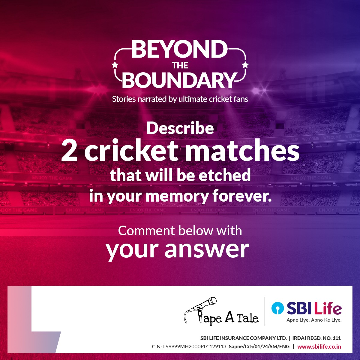 We’re almost there! If you haven’t booked your tickets for #BeyondTheBoundary2024 yet, you have 2 more days to do so.

Visit bit.ly/3uDIYQP to book your seat

@tapeAtale #tat #Storytelling #CricketTales #SportsNarratives #CricketCommunity #SBILife #ApneLiyeApnoKeLiye