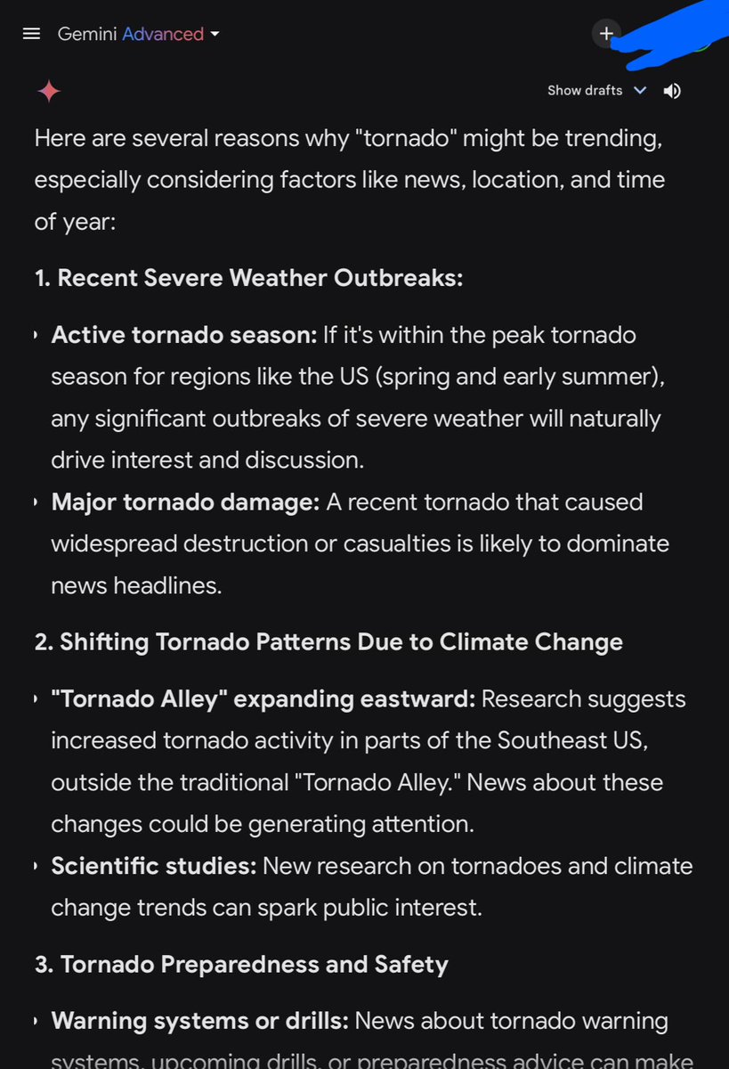 reddit_lies's tweet photo. I asked Grok and Gemini Advanced:
“why is tornado trending”

Grok: lists relevant information about last night’s storms including location, timing, and the huge temp drop 

Gemini Advanced: told me tornados in the southeast might be because of climate change… 💀 https://t.co/F8UxTmGmr6