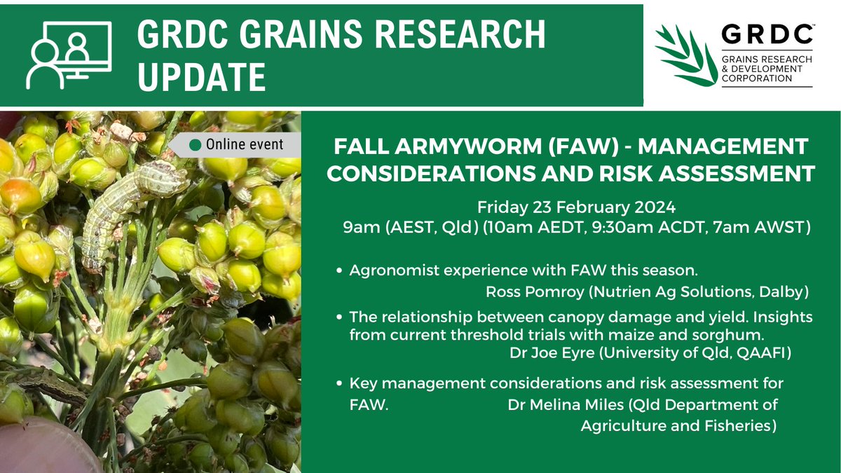 GRDC North (@grdcnorth) on Twitter photo Recording from #FAW webinar now live on <a href="/theGRDC/">GRDC</a> website. Link will be sent to all those who registered, but catch up on the recording here: bit.ly/49Py8pC
#GRDCUpdates Recording from #FAW webinar now live on <a href="/theGRDC/">GRDC</a> website. Link will be sent to all those who registered, but catch up on the recording here: bit.ly/49Py8pC
#GRDCUpdates
