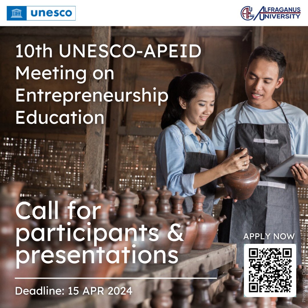 Have you any presentation ideas on entrepreneurship education for youth? If so, join the 10th UNESCO-APEID Meeting on Entrepreneurship Education this October! Apply NOW until 15 APR 2024: unesco.org/en/articles/ca…