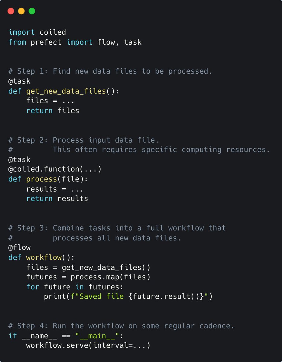 Join us next week to see how to schedule Python jobs with Prefect and Coiled. @PrefectIO makes it easy to write production workflows in Python. Coiled makes it easy to deploy Prefect in the cloud. Register for the webinar: content.coiled.io/prefect-webinar