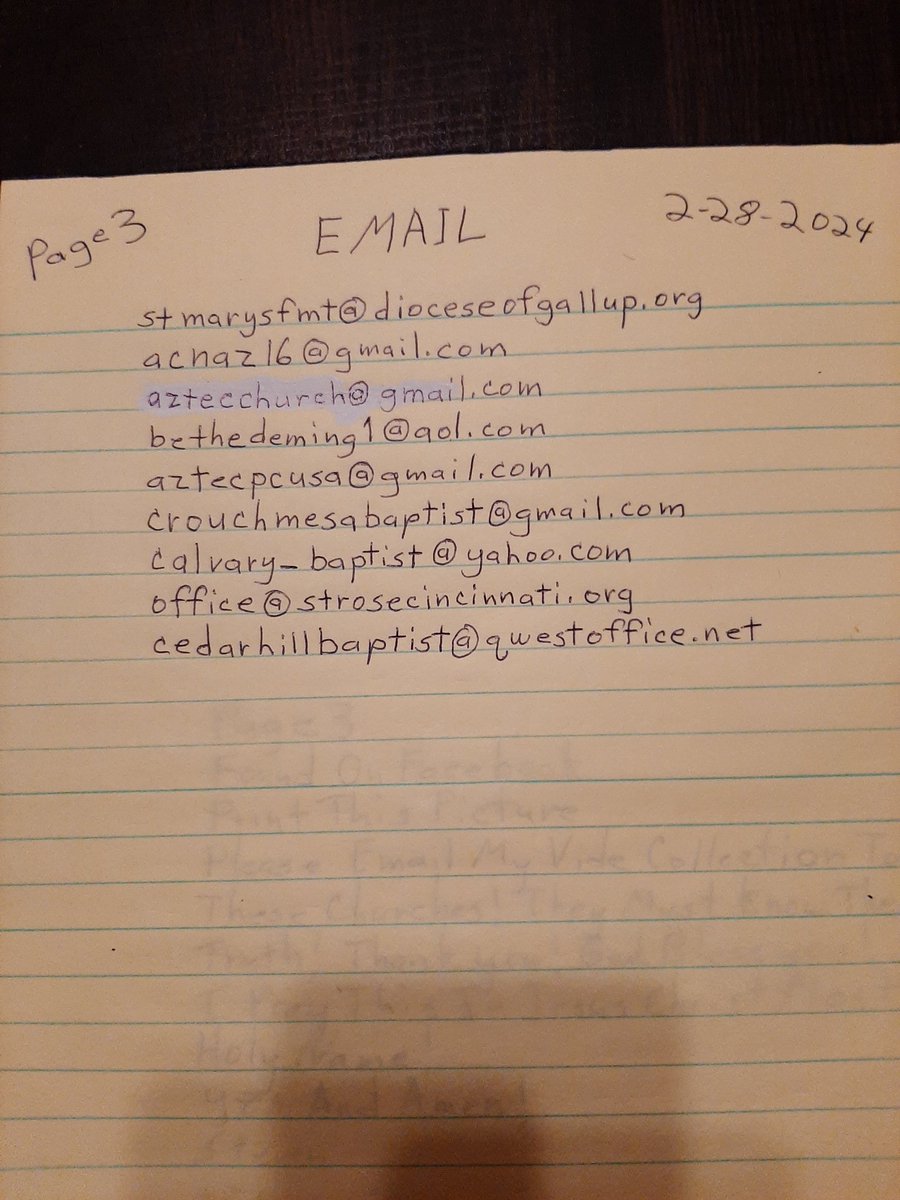 PAGE 3
PRINT THIS PICTURE OF CHURCHES EMAIL ADDRESSES & EMAIL MY VIDEO COLLECTION THAT IS PINNED TO THE TOP OF MY TWITTER PAGE!
YES AND AMEN!
+++
#shrinershospitalsforchildren 
#stjudechildrensresearchhospital 
#sagebrush 
#sagebrushchurch 
#LegacyChurch 
#Stevesmothermon