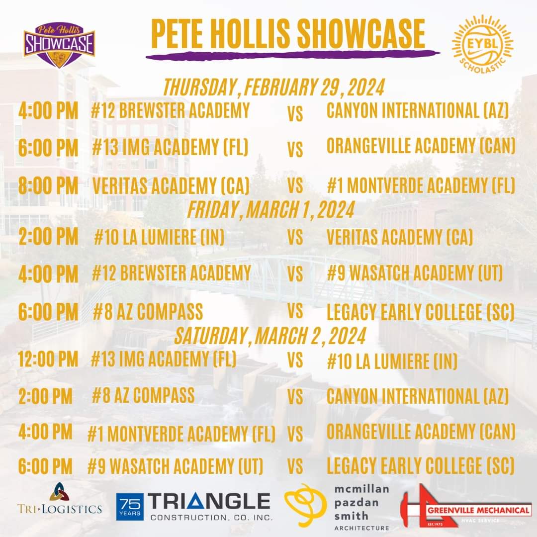 📣: Pete Hollis Showcase
📍: Greenville, SC 
🏟️: Legacy Parker Gymnasium
📆: February 29-March 2, 2024
🎟️: linktr.ee/lecathletics
 6 - Nationally Ranked Teams
30 - Nationally Ranked Players
4 - McDonalds All-Americans
3 - Jordan Brand Classic All-Americans
