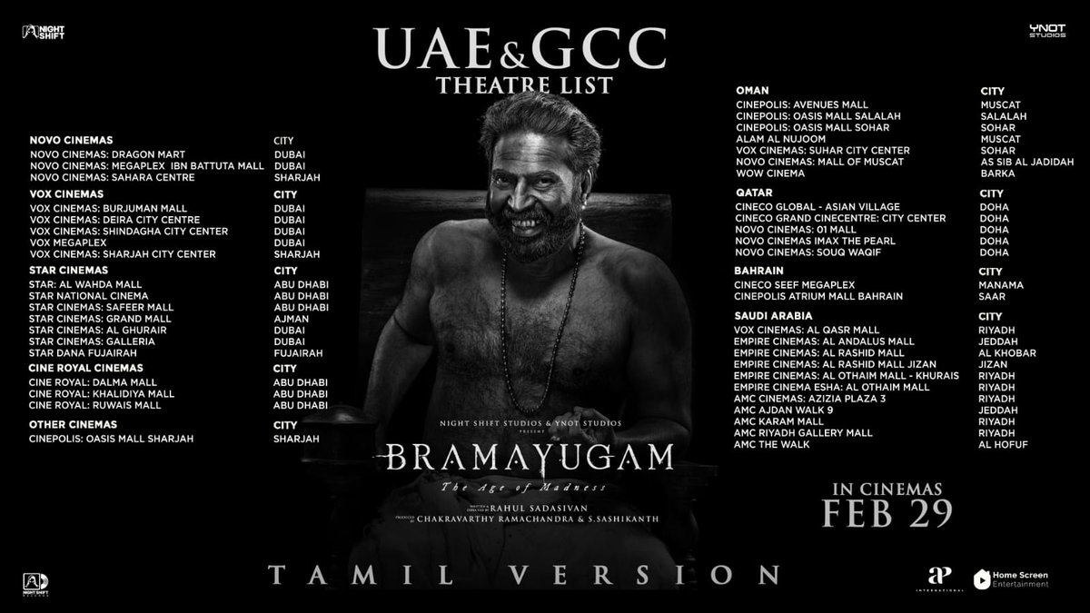 #Bramayugam theatre lists for Malaysia, Gulf, Singapore and Canada are here! #Bramayugam starring @mammukka Written & Directed by @rahul_madking Produced by @chakdyn @sash041075 @allnightshifts @studiosynot @Truthglobalofcl