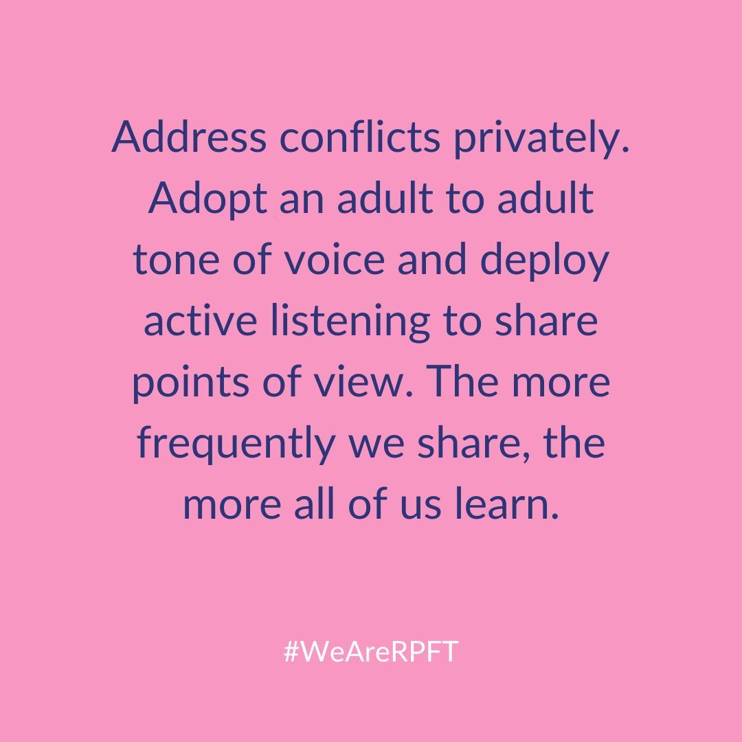 Conflict is not easy.  Wherever you can, replace conflict with communication by using active listening and sharing points of view.

#WeAreRPFT #Conflict #ConflictResolution #Empathy #DramaBasedTraining