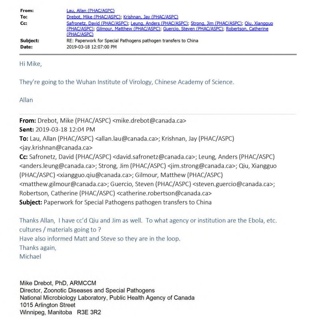 RealAndyLeeShow's tweet image. I love how casual these conversations are between Public Health Agency of Canada (PHAC) employees:

"Where's the deadly Ebola virus being shipped to again guys?"

"Oh, to the Chinese Academy of Science? In Wuhan, you say? Cool, cool. No problem. Keep us in the loop."
