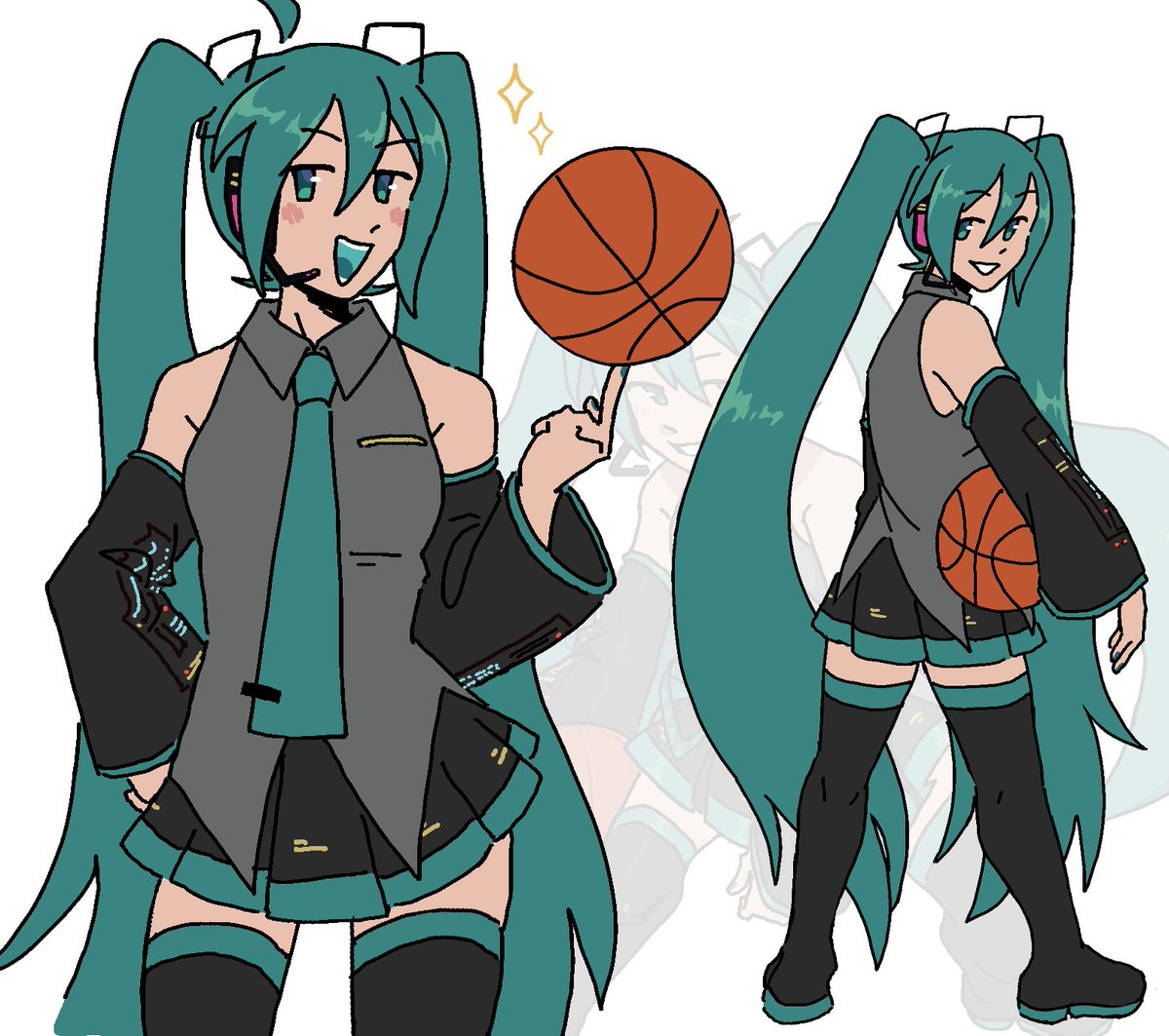 hatsune miku twintails 1girl basketball long hair necktie skirt detached sleeves  illustration images