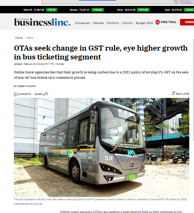 abhishekrajaram's tweet photo. OTAs seek change in GST rule, eye higher growth in bus ticketing segment
#OTAsSeekChange #GSTRule #BusTicketing #TravelTech https://t.co/QubYuSHAcA