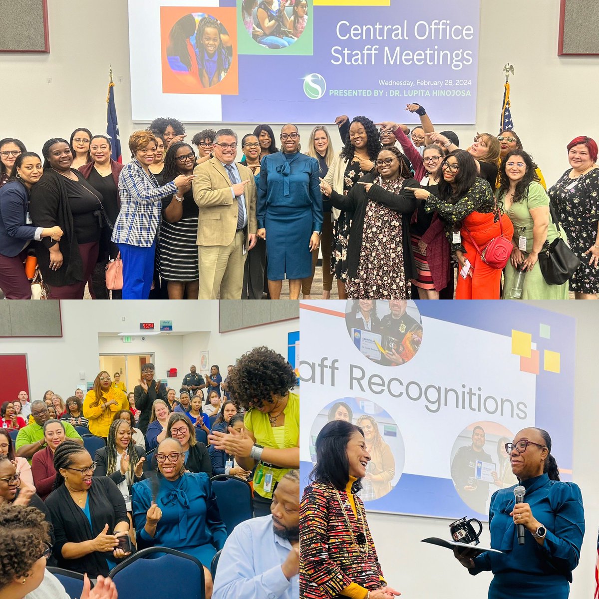 The HRS team arrived early to the Central Office Staff Meeting to cheer on U’nieka! She was recognized by Dr.  Hinojosa for her hard work &amp; dedication. She is relationship- centered, service-oriented &amp; models our core value, “We win as a team!” We’re thankful for her!