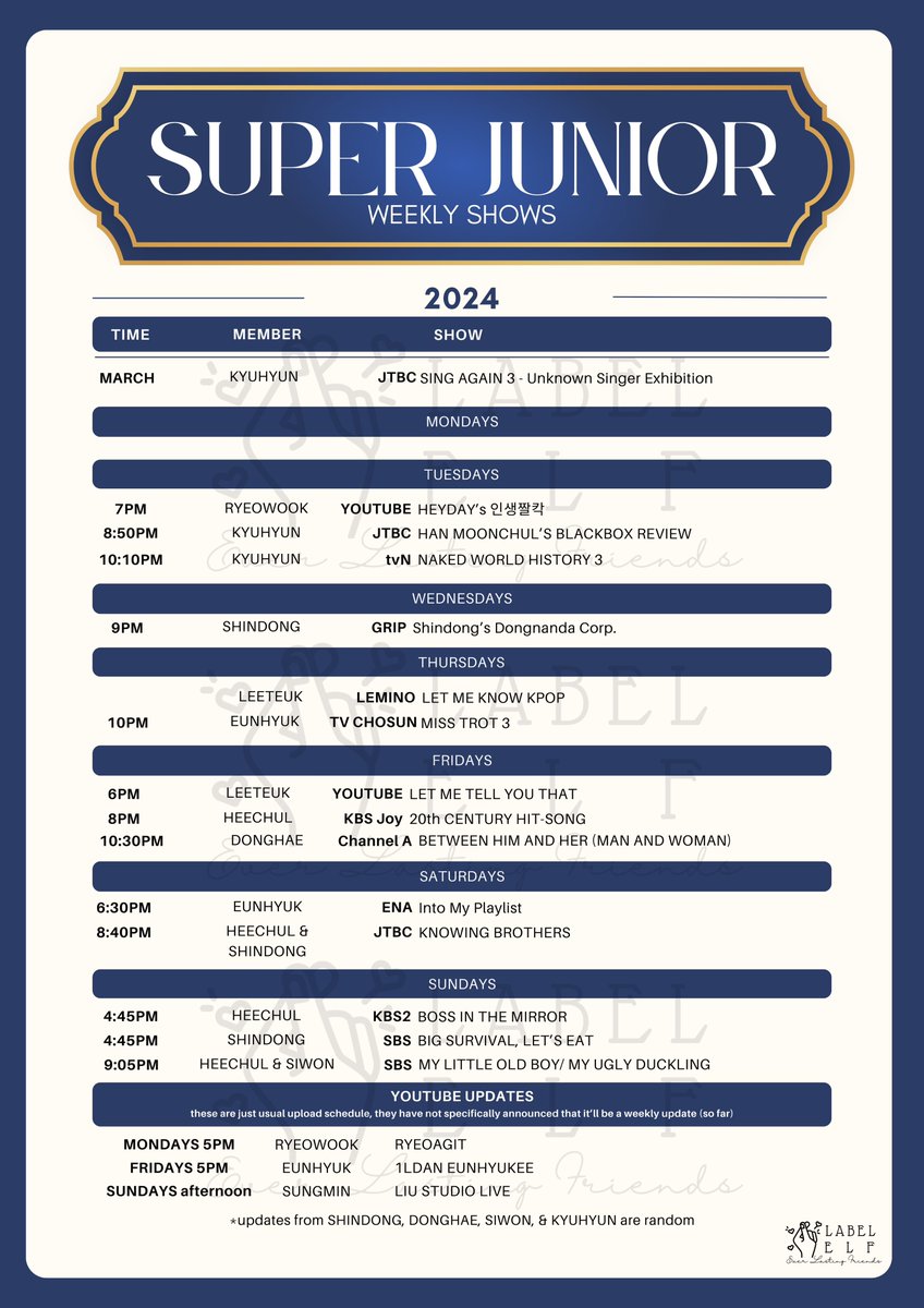 labELFofficial's tweet photo. SUPER JUNIOR 2024 SCHEDULE UPDATE 
(MARCH onwards)

☑️Announced schedules (so far)
☑️Weekly schedule https://t.co/OTJDeGtVoR