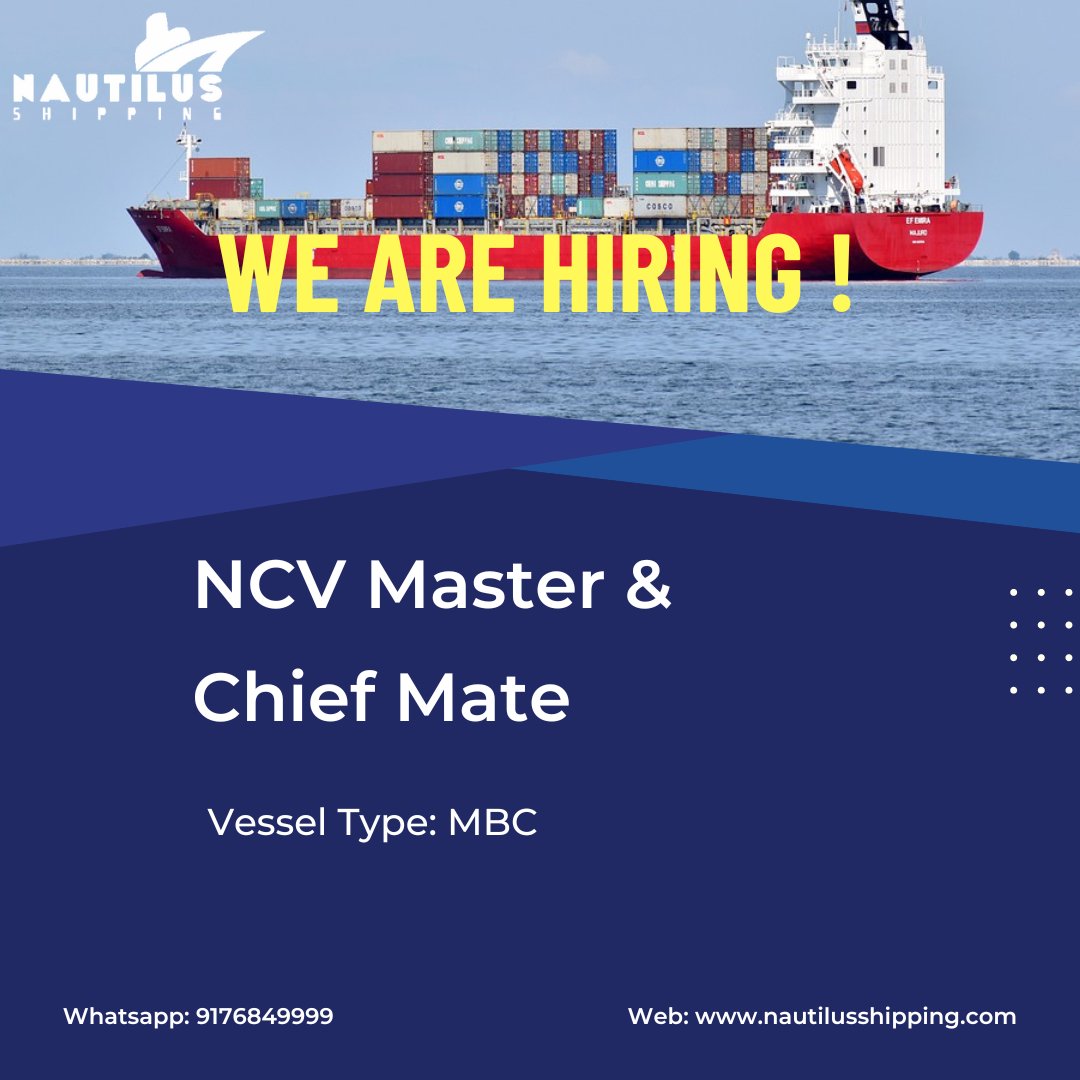 We are hiring for NCV Master & Chief Mate for an MBC Vessel. Required experience in the same field.

Please send the resume to crewing@nautilusshipping.com

More about us: nautilusshipping.com

#shipcareer #vacancy #jobs #shipjobs #marinejobs #jobvacancy #jobopportunity