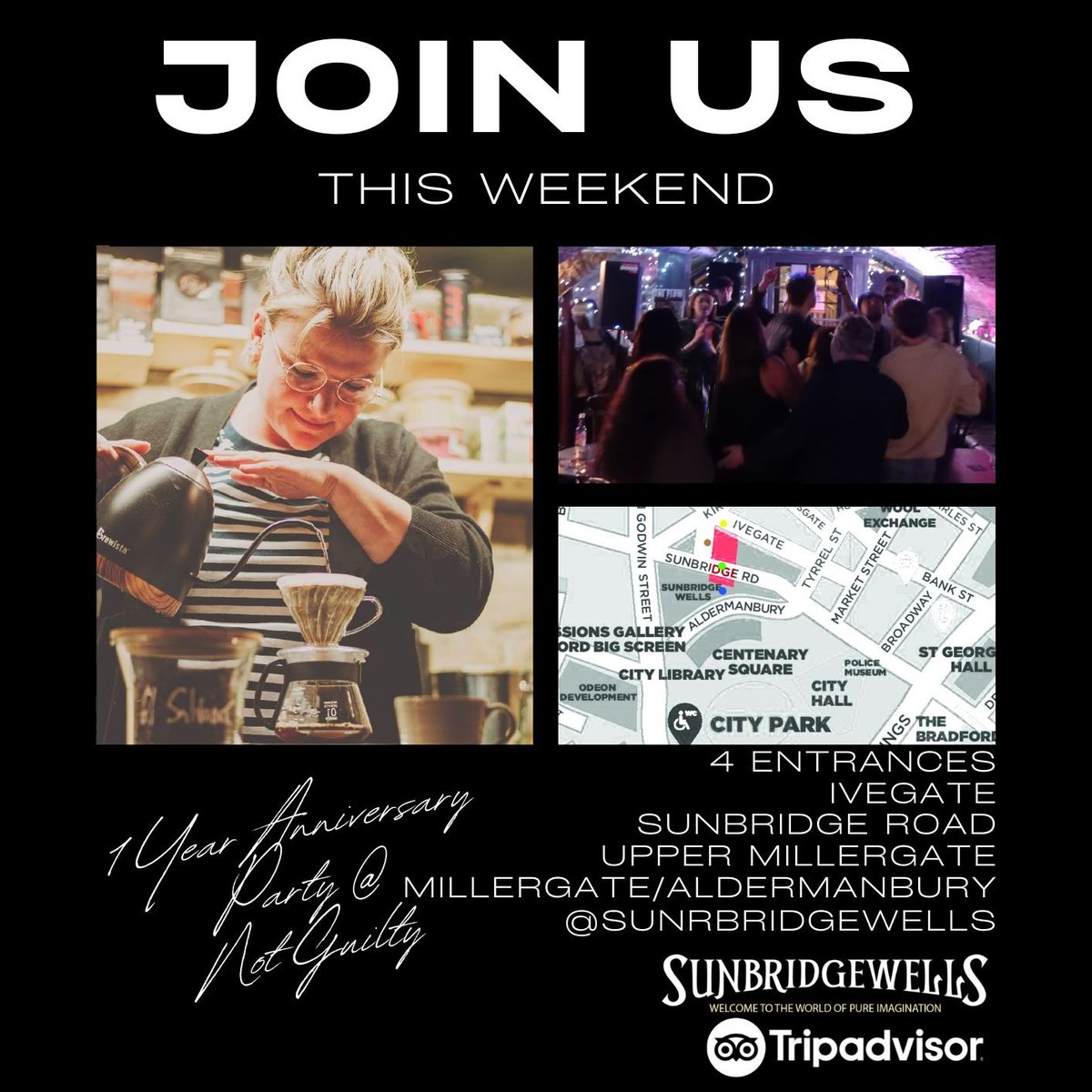What's on this weekend at Sunbridge Wells

Friday - Live Music with Andy James at Wallers Brewery

Saturday - We celebrate the 1 Year Anniversary of Not Guilty at Sunbridge Wells with DJ Lud playing until 2am!

#Bradford #WestYorkshire #Yorkshire #Tunnels #Cityofculture2025