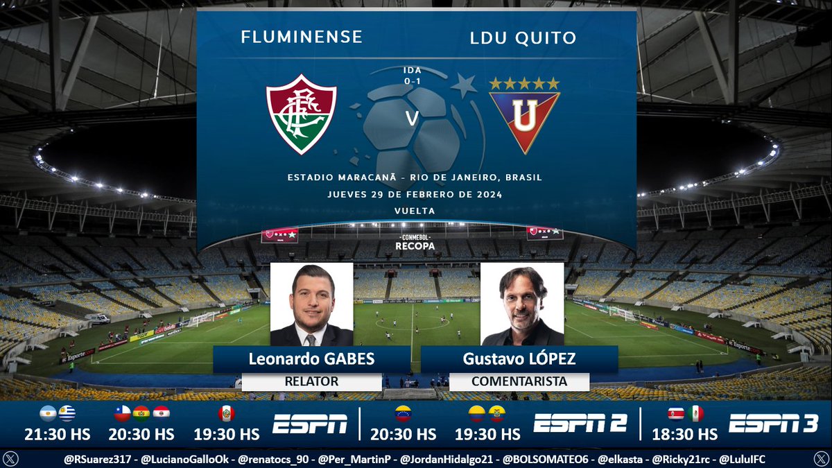 Puntaje_Ideal's tweet photo. โฝ #Recopa | ๐ง๐ท #Fluminense vs. #LDU ๐ช๐จ
๐ Relator: @leogabes
๐ Comentarista: @gustavohlopez
๐บ #ESPN ๐ฆ๐ท๐ง๐ด๐จ๐ฑ๐ต๐พ๐ต๐ช๐บ๐พ
๐บ #ESPN2 ๐จ๐ด๐ช๐จ๐ป๐ช
๐บ #ESPN3 Centroamรฉrica y Mรฉxico ๐ฒ๐ฝ
๐ป๐ฑ@StarPlusLA Latinoamรฉrica
๐คณ #RECOPAxESPN - #ESPNenStarPlus
Dale RT ๐ https://t.co/oE924QWO9W