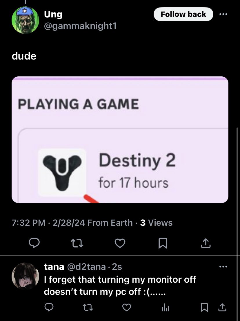 tanahasdied's tweet photo. Some times in life….

#tanamoment #destinyorbitfarmer #destiny #17hours  #Sticktowhatyouknow https://t.co/r3pKFQklyu