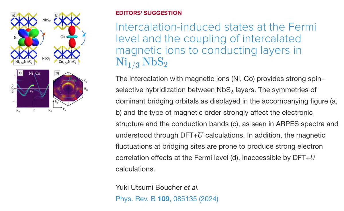 PhysRevB's tweet photo. PRB Editors' Suggestion: #Intercalation-induced states at the #Fermi level &amp; the coupling of intercalated #magnetic ions to conducting layers in Ni1/3NbS2

Y. Utsumi Boucher et al.,
PRB 109, 085135

➡️ https://t.co/DPCQJwIT3Y
#EdSugg @APSPhysics @SOLARIS_science @UIP2019042154 https://t.co/fEjIg3twqu