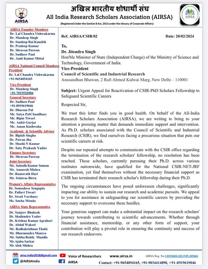 AIRSAIndia's tweet photo. The leadership of funding agencies possesses considerable talent; @IndiaDST @karandi65 @CSIR_IND @HRDG_CSIR
@DrNKalaiselvi but, there are not a concern about the apparent lack of emphasis on essential infrastructure for research and the well-being of research scholars.
#stopharassment 
#reactivatecsirfellowship 
@TheLallantop @TimesNow @timesofindia @TheQuint @IndiaDST @AjaySoodIISc