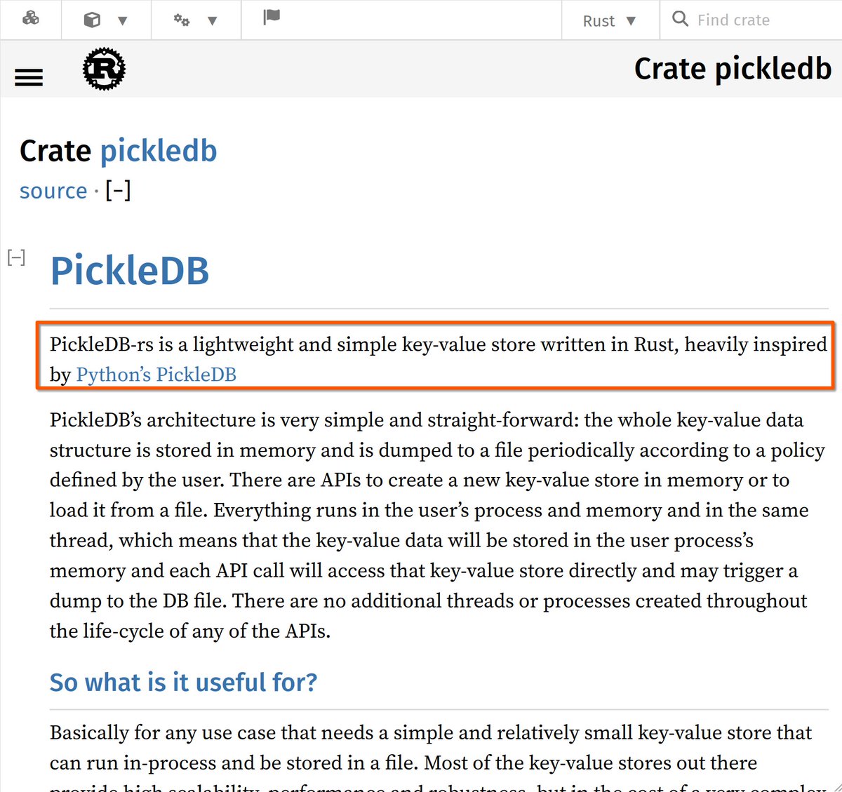 TIL about another PickleDB (docs.rs/pickledb/). This one is in Rust and is inspired by the orig Python PickleDB (patx.github.io/pickledb/). It's okay to build a new DBMS based on an existing but don't copy the same name too! So many obvious choices (GherkinDB, CucumberDB).