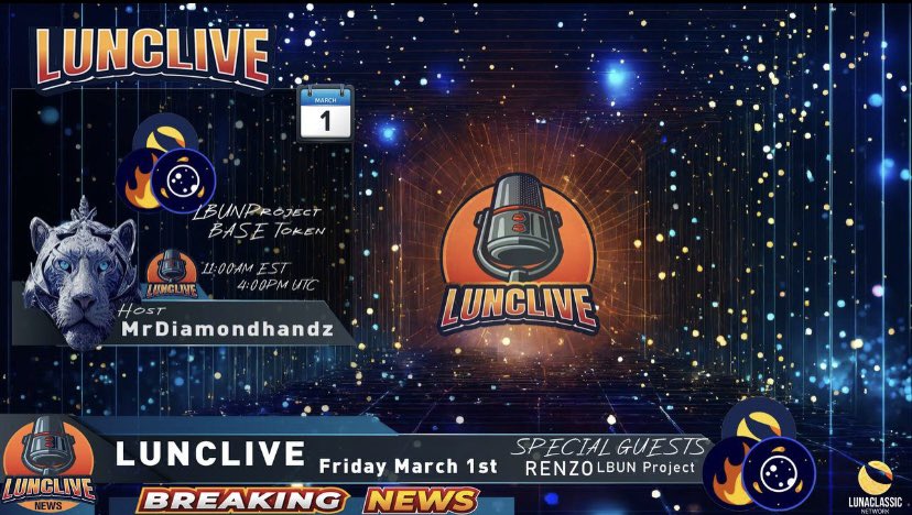 MrDiamondhandz1's tweet image. $LUNC army join us this Friday March 1st, 2024 at 11 AM EST / 4 PM UTC as #LUNCLIVE hosts @LbunProject. We will discuss their project, their roadmap and ways they are burning #LunaClassic. See you there! 💎🤲🏻 #Crypto #LUNCcommunity