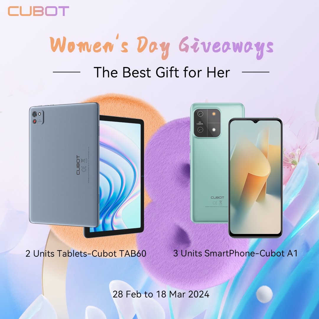 Celebrate International Women's Day with Us! 
🎁Join giveaway here : cubot.net/womens-day
Introducing  the prizes:
2 Units Cubot Tab60 s.click.aliexpress.com/e/_oEDLaaQ
3 Units -Cubot A1 s.click.aliexpress.com/e/_omcQcqe