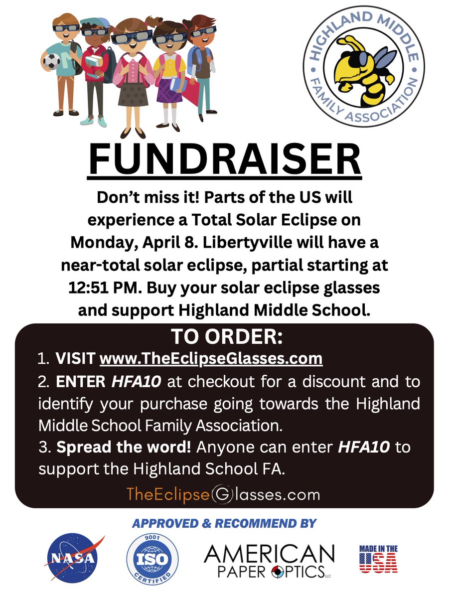 HFAD70's tweet photo. In the spirit of supporting a unique educational experience, the HFA has purchased eclipse glasses for every Highland student &amp; staff member. If you would like to order additional glasses please see the flyer below for a discount code and chance to support the HFA. https://t.co/3qVbr3FkMC