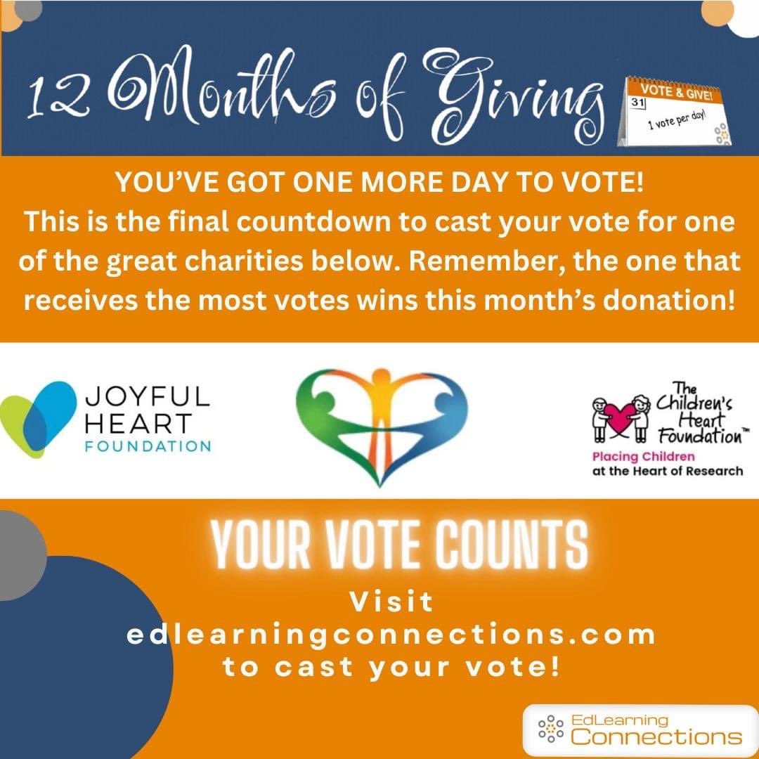 EdLearningC's tweet photo. February 29th is the last day to vote for one of our February charities.  Get your final votes in and help us give back to one of these great organizations!
https://t.co/xNJLTc7gqG

@thejhf 
@thechf 
#giveback #teacher #schoollife #teachers https://t.co/gQl0AtI5zw