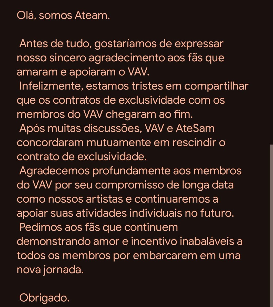 VAV_Brasil's tweet image. [🦇] Infelizmente o grupo vav acabou de compartilhar que seus contratos chegaram ao fim.....