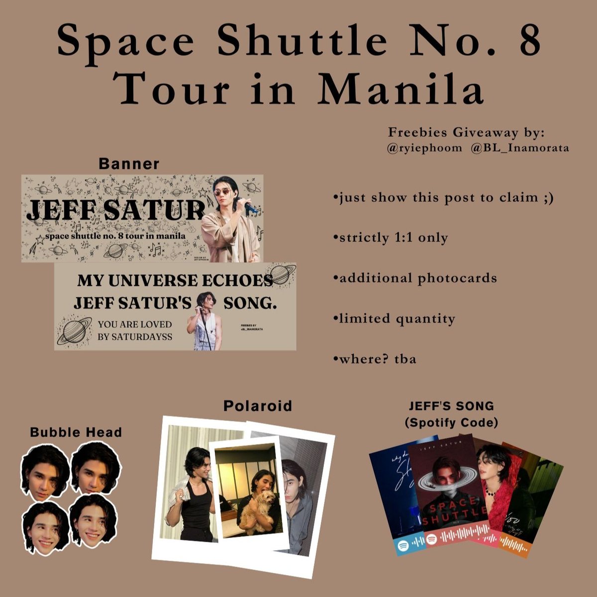 ryiephoom's tweet image. #JeffSaturSpaceShuttleNo8Manila
freebies by @ryiephoom @BL_Inamorata

✨RT &amp;amp; LIKE
✨strictly 1:1 only
✨location? tba

see you on march 2, saturdayss!
#JeffSaturInManila
