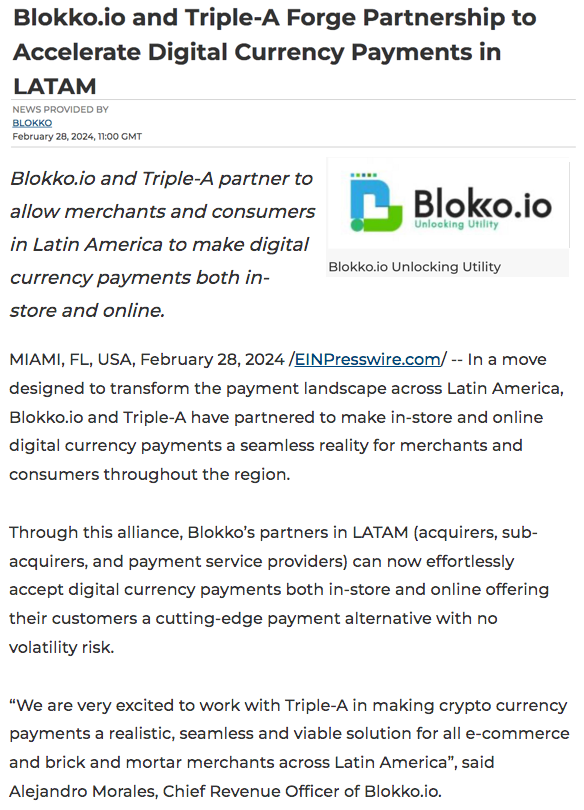 Blokko.io and Triple-A partner to allow merchants and consumers in Latin America to make digital currency payments both in-store and online.