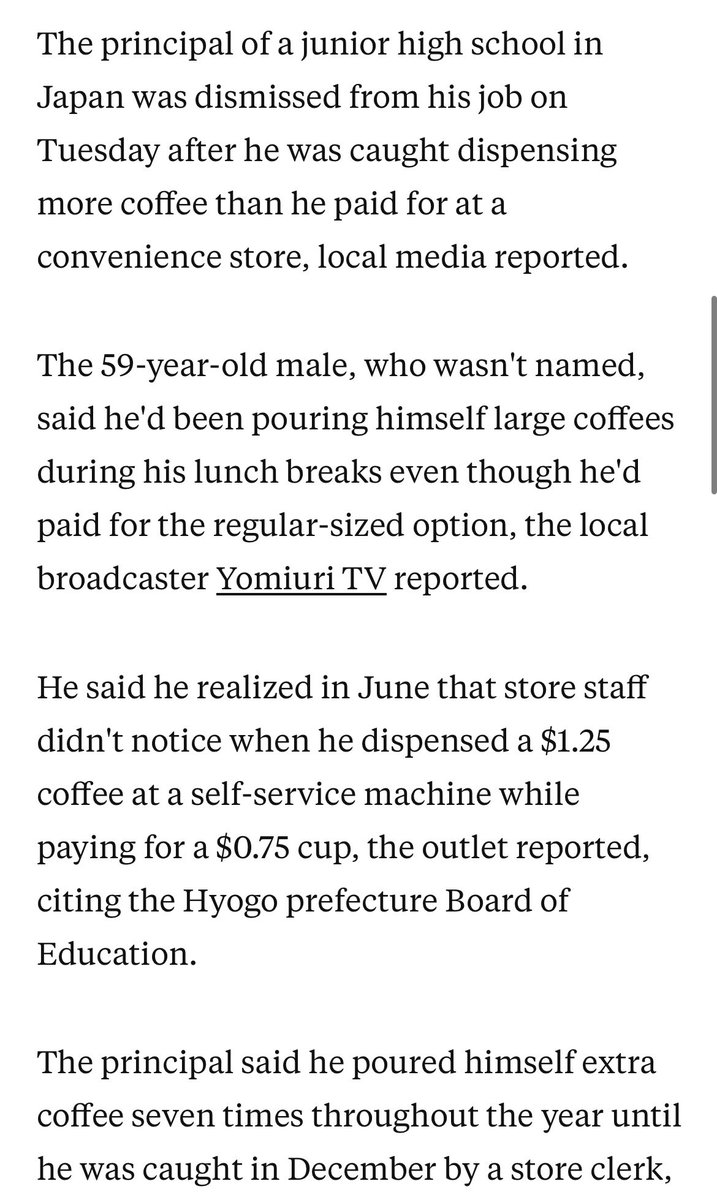 RichardHanania's tweet image. *Major scandal in Japan*

A junior high principal was caught paying for $0.75 coffee while pouring himself $1.25 coffee at the self-service machine. The principal was arrested and fired, lost his teaching license and retirement pay.

We’re not the only country with crime problems