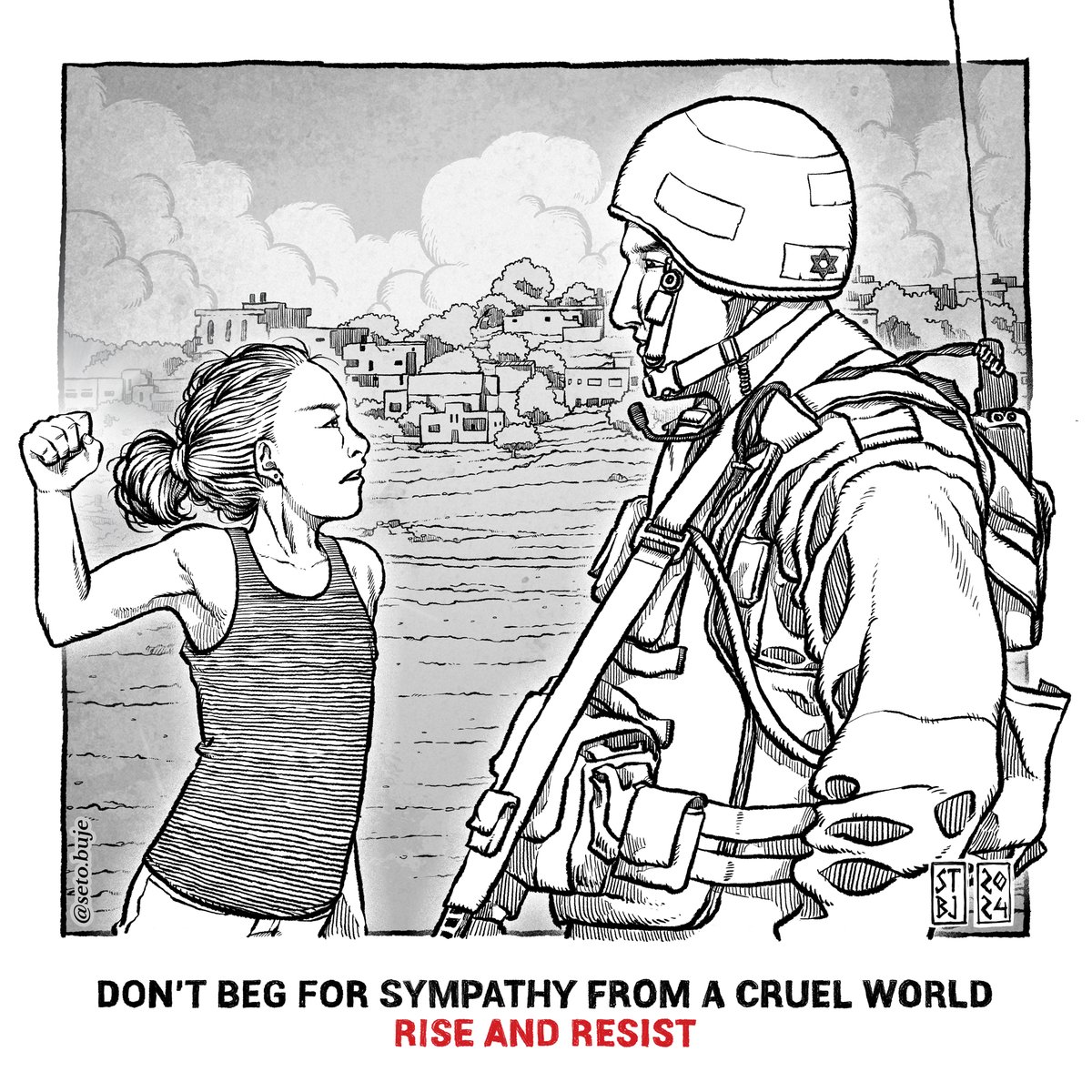 setobuje's tweet photo. Menggambar adegan Ahed Tamimi x tentara IDF saat aksi unjuk rasa di Desa Nabi Saleh tahun 2012. 
------
* Referensi foto dari  https://t.co/1zEpSMSFJ8
* Copy dari Pinterest. https://t.co/6HTR0cQDTe