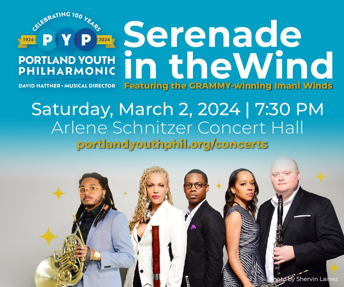 The Portland Youth Philharmonic Orchestra welcomes 2024 GRAMMY award-winning Imani Winds to perform “Paradise Valley Serenade” by 2024 GRAMMY award-winning Jeff Scott.

Tickets and more at portlandyouthphil.org/concerts